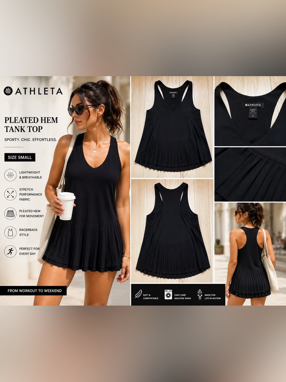 Athleta Black Pleated Hem Tank Dress Top Small Sleeveless Athleisure